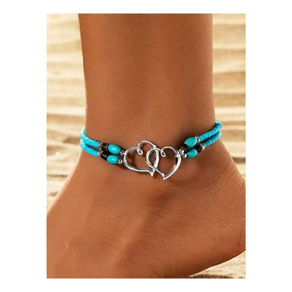 Bohemian Style Turquoise & Black Seed Beads Double Heart Design Ankle Bracelet